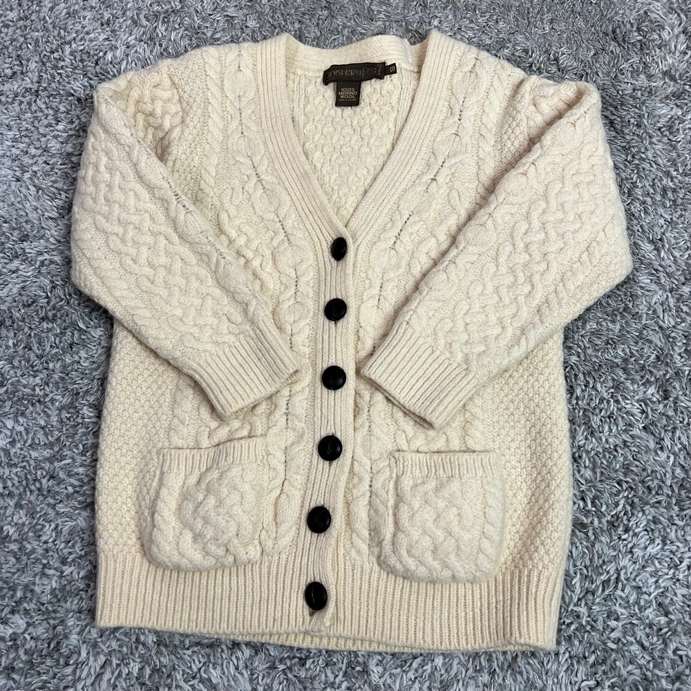 Vtg Inis Crafts Merino Wool Ivory Cable Knit Cardigan Sweater Ireland Size S